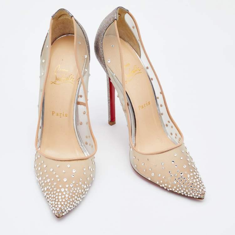 Pre Owned Christian Louboutin Beige/Silver Mesh and Leather Follies Strass Pumps Size 39.5