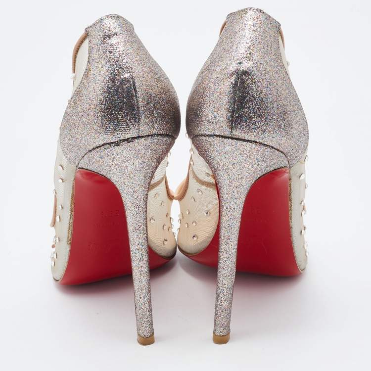 Pre Owned Christian Louboutin Beige/Silver Mesh and Leather Follies Strass Pumps Size 39.5