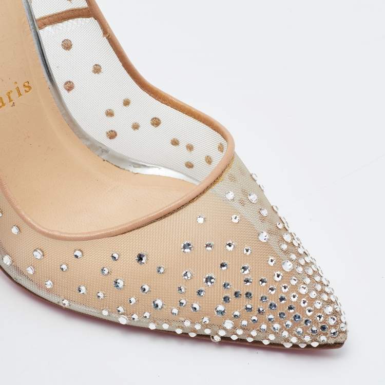 Pre Owned Christian Louboutin Beige/Silver Mesh and Leather Follies Strass Pumps Size 39.5