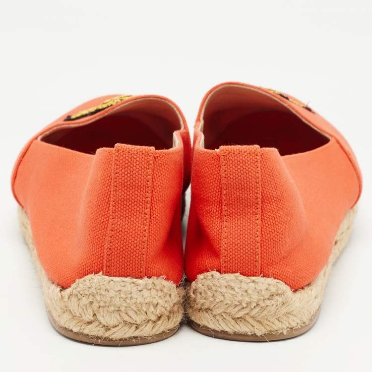 Pre Owned Christian Louboutin Orange Canvas Gala Embroidered Crest Espadrille Loafers Size 38