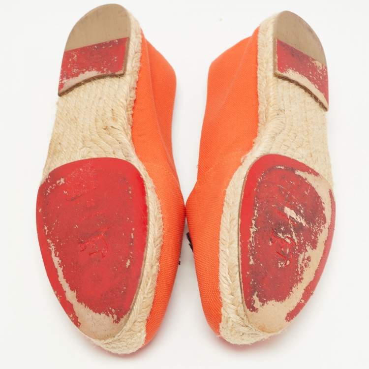 Pre Owned Christian Louboutin Orange Canvas Gala Embroidered Crest Espadrille Loafers Size 38