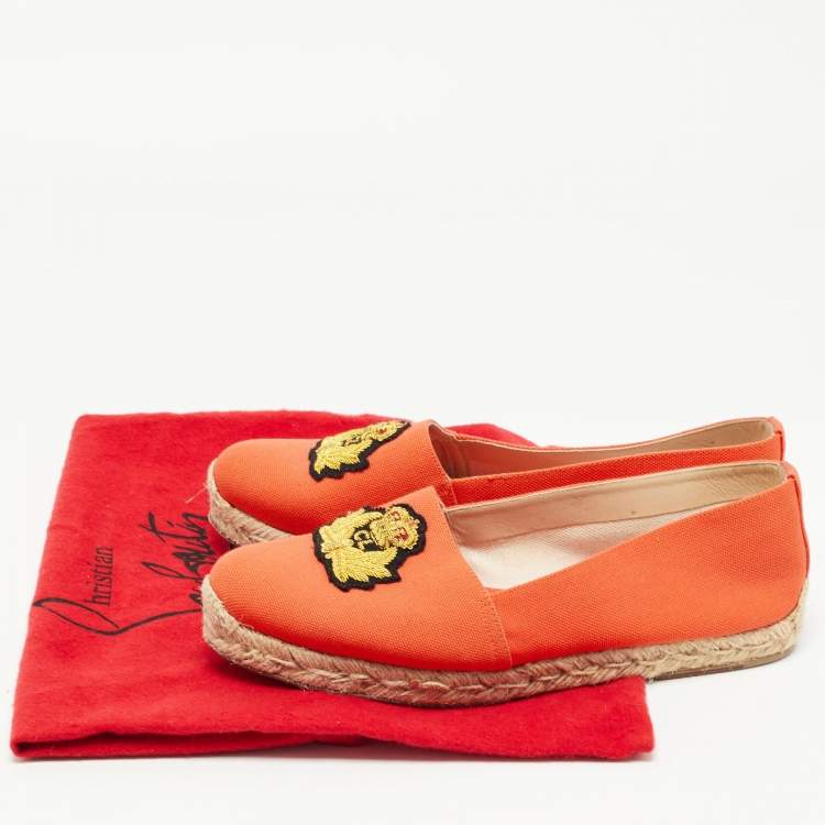 Pre Owned Christian Louboutin Orange Canvas Gala Embroidered Crest Espadrille Loafers Size 38