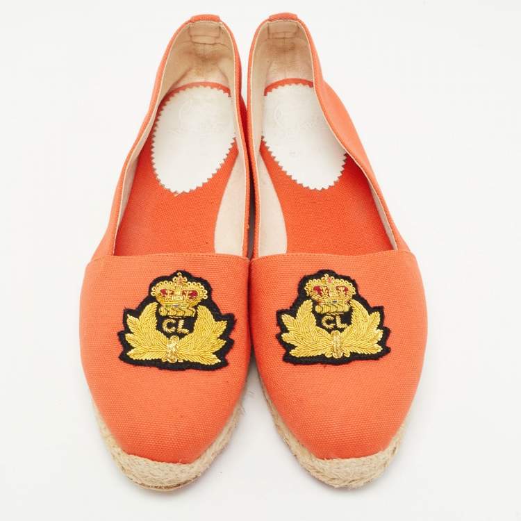 Pre Owned Christian Louboutin Orange Canvas Gala Embroidered Crest Espadrille Loafers Size 38