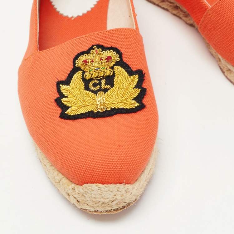 Pre Owned Christian Louboutin Orange Canvas Gala Embroidered Crest Espadrille Loafers Size 38