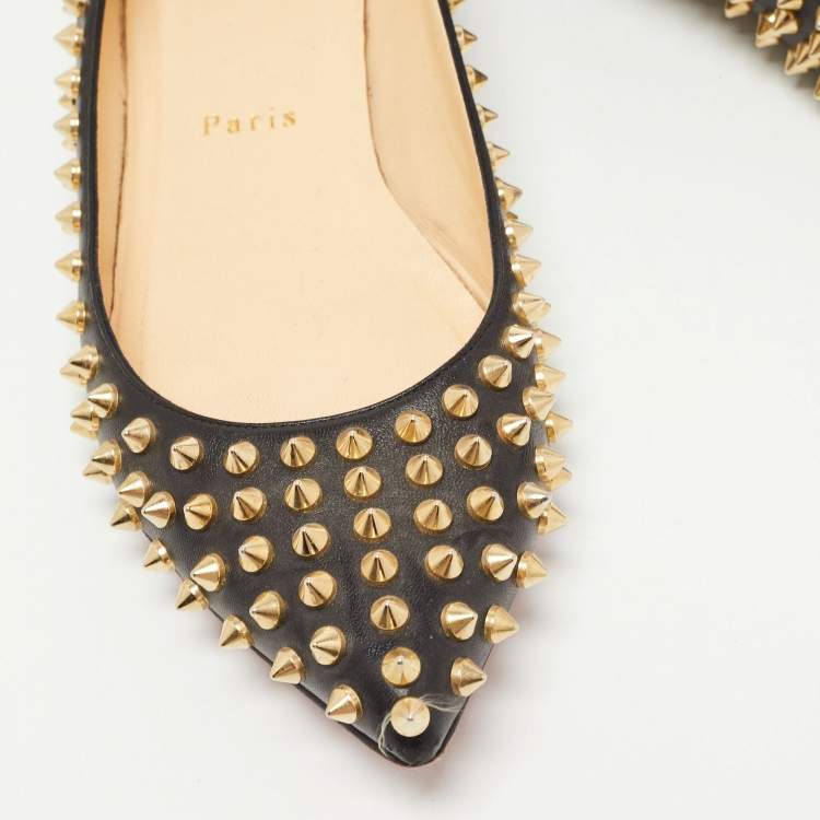 Pre Owned Christian Louboutin Black Leather Pigalle Spikes Ballet Flats Size 39