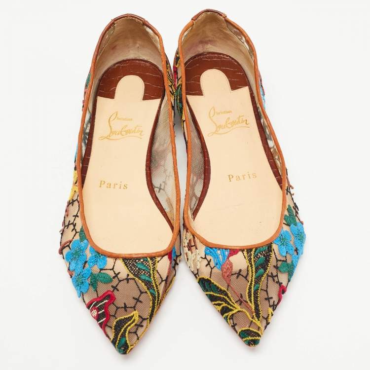 Pre Owned Christian Louboutin Multicolor Embroidered Mesh and Croc Embossed Leather Follies Ballet Flats Size 36.5