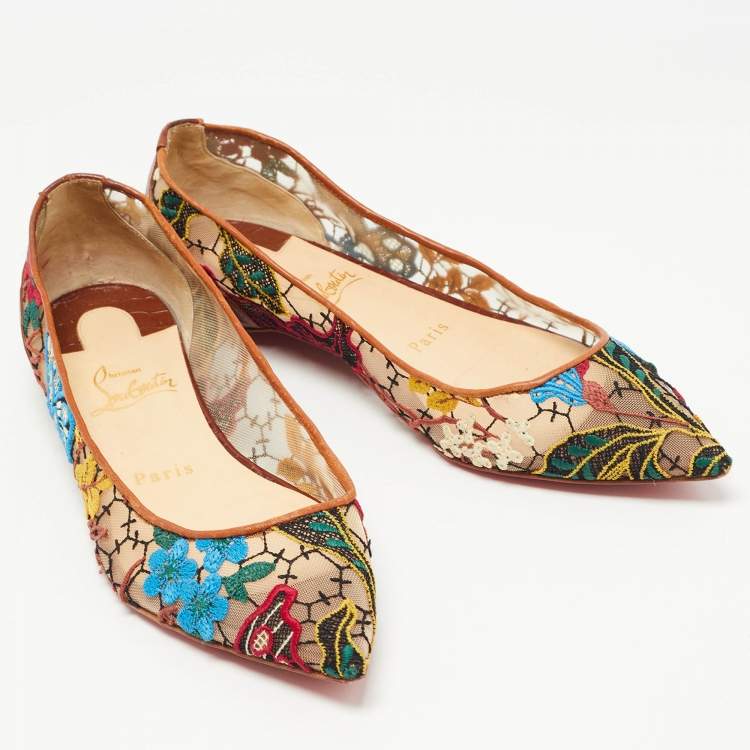 Pre Owned Christian Louboutin Multicolor Embroidered Mesh and Croc Embossed Leather Follies Ballet Flats Size 36.5