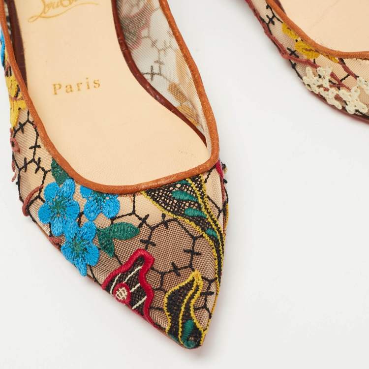 Pre Owned Christian Louboutin Multicolor Embroidered Mesh and Croc Embossed Leather Follies Ballet Flats Size 36.5