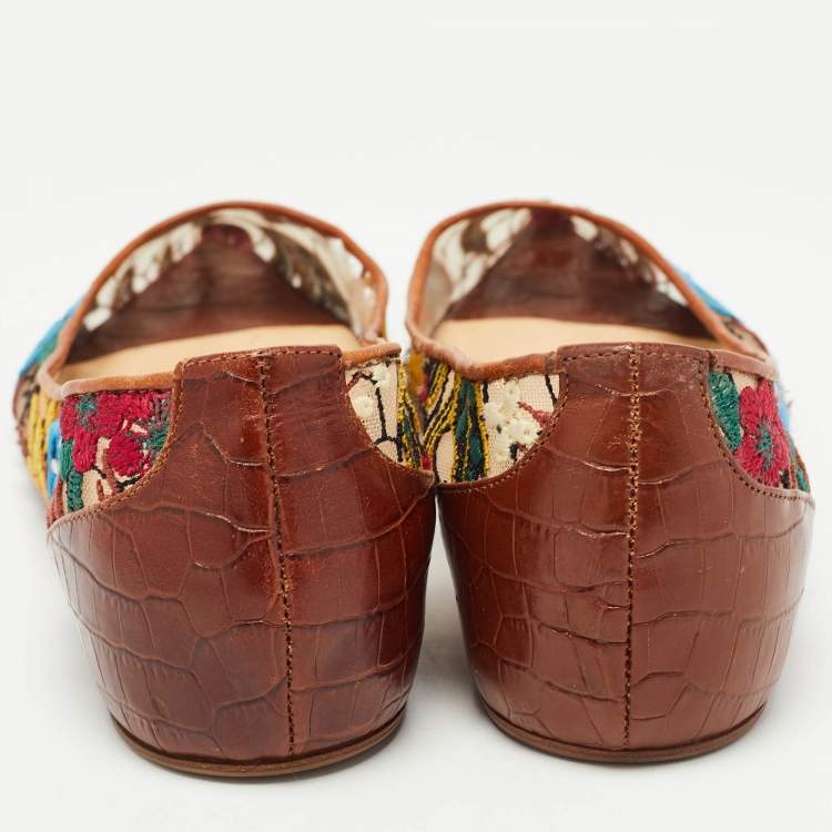 Pre Owned Christian Louboutin Multicolor Embroidered Mesh and Croc Embossed Leather Follies Ballet Flats Size 36.5