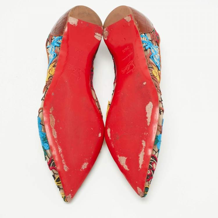 Pre Owned Christian Louboutin Multicolor Embroidered Mesh and Croc Embossed Leather Follies Ballet Flats Size 36.5