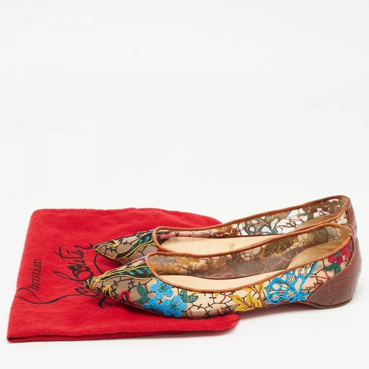 Pre Owned Christian Louboutin Multicolor Embroidered Mesh and Croc Embossed Leather Follies Ballet Flats Size 36.5