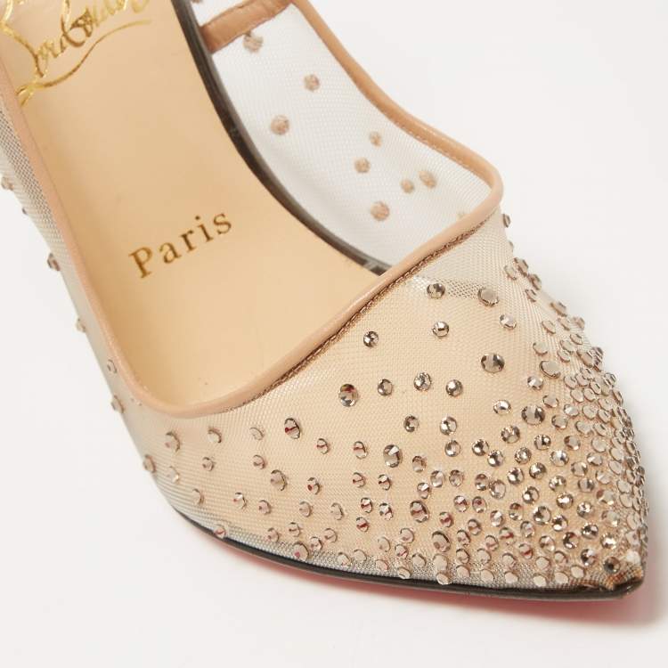 Pre Owned Christian Louboutin Beige/Metallic Grey Leather and Mesh Follies Strass Pumps Size 39