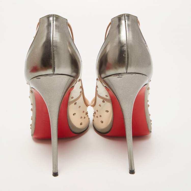Pre Owned Christian Louboutin Beige/Metallic Grey Leather and Mesh Follies Strass Pumps Size 39