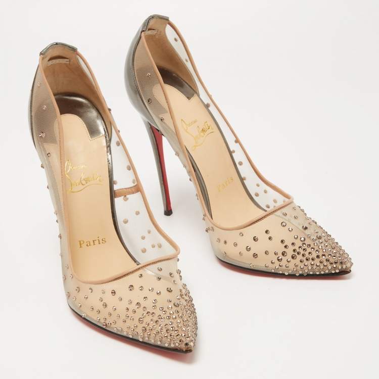 Pre Owned Christian Louboutin Beige/Metallic Grey Leather and Mesh Follies Strass Pumps Size 39