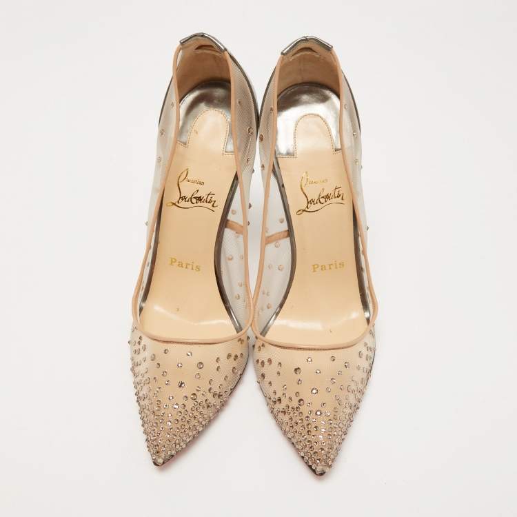 Pre Owned Christian Louboutin Beige/Metallic Grey Leather and Mesh Follies Strass Pumps Size 39