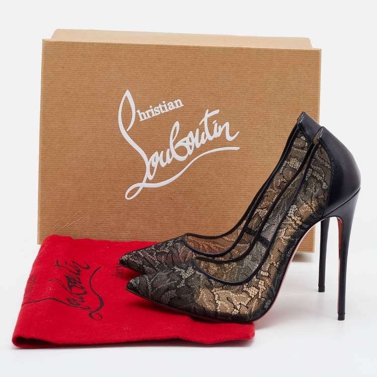 Pre Owned Christian Louboutin Black Leather and Lace Follies Pointed Toe Pumps Size 39