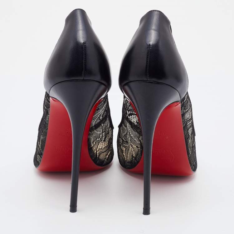 Pre Owned Christian Louboutin Black Leather and Lace Follies Pointed Toe Pumps Size 39