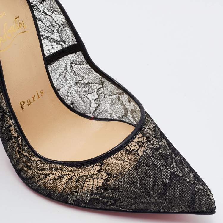 Pre Owned Christian Louboutin Black Leather and Lace Follies Pointed Toe Pumps Size 39