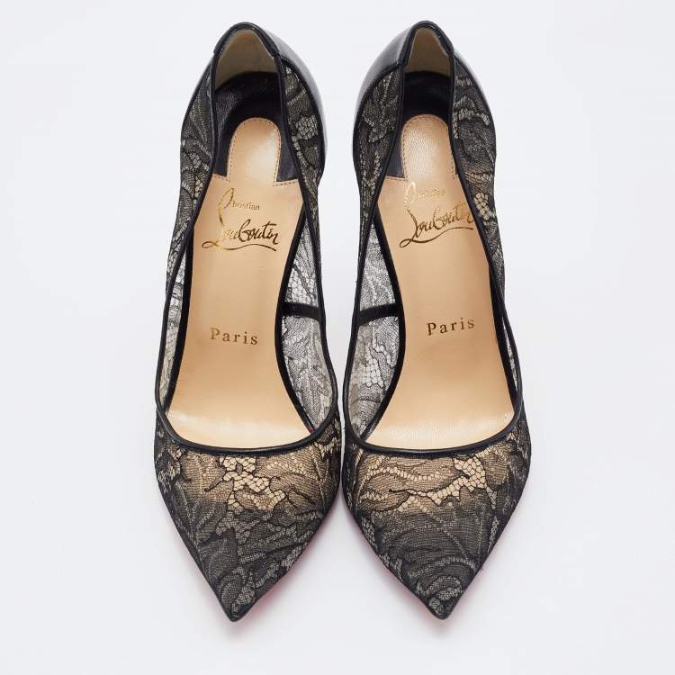 Pre Owned Christian Louboutin Black Leather and Lace Follies Pointed Toe Pumps Size 39