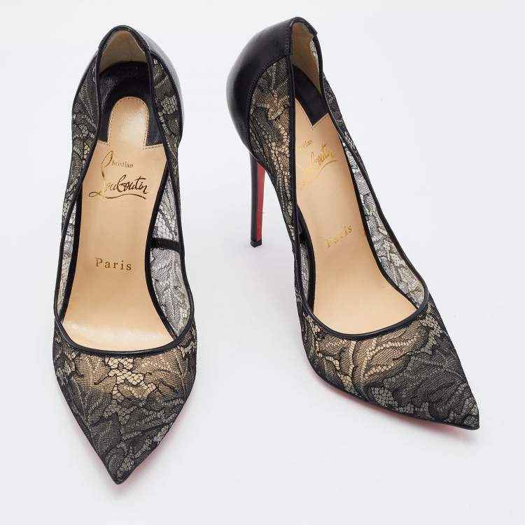 Pre Owned Christian Louboutin Black Leather and Lace Follies Pointed Toe Pumps Size 39