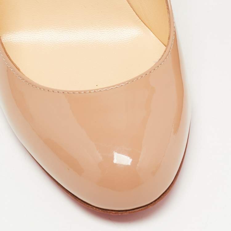 Pre Owned Christian Louboutin Beige Patent Leather Simple Round Toe Pumps Size 37.5