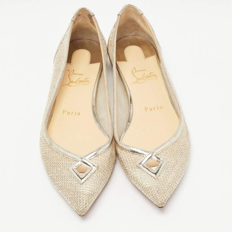 Pre Owned Christian Louboutin Gold Mesh and Embossed Snakeskin Ballet Flats Size 37