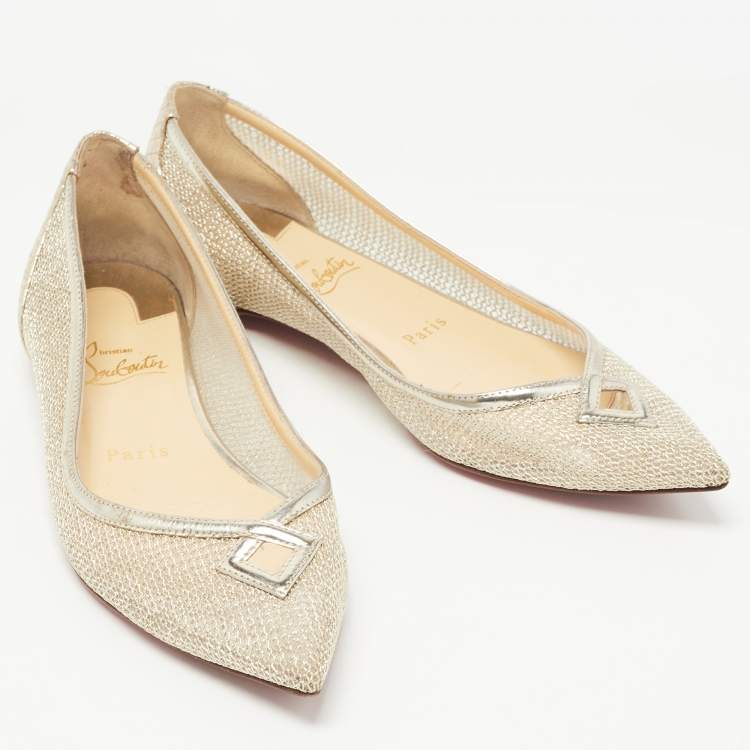 Pre Owned Christian Louboutin Gold Mesh and Embossed Snakeskin Ballet Flats Size 37