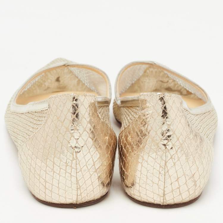 Pre Owned Christian Louboutin Gold Mesh and Embossed Snakeskin Ballet Flats Size 37