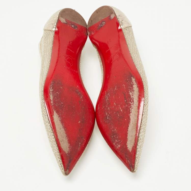 Pre Owned Christian Louboutin Gold Mesh and Embossed Snakeskin Ballet Flats Size 37