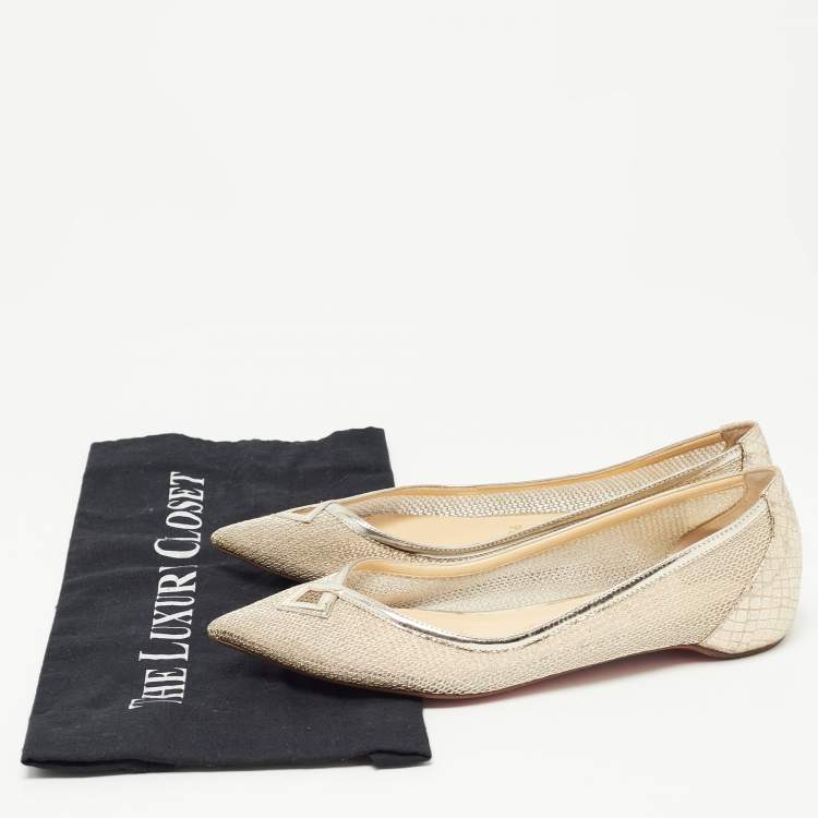 Pre Owned Christian Louboutin Gold Mesh and Embossed Snakeskin Ballet Flats Size 37