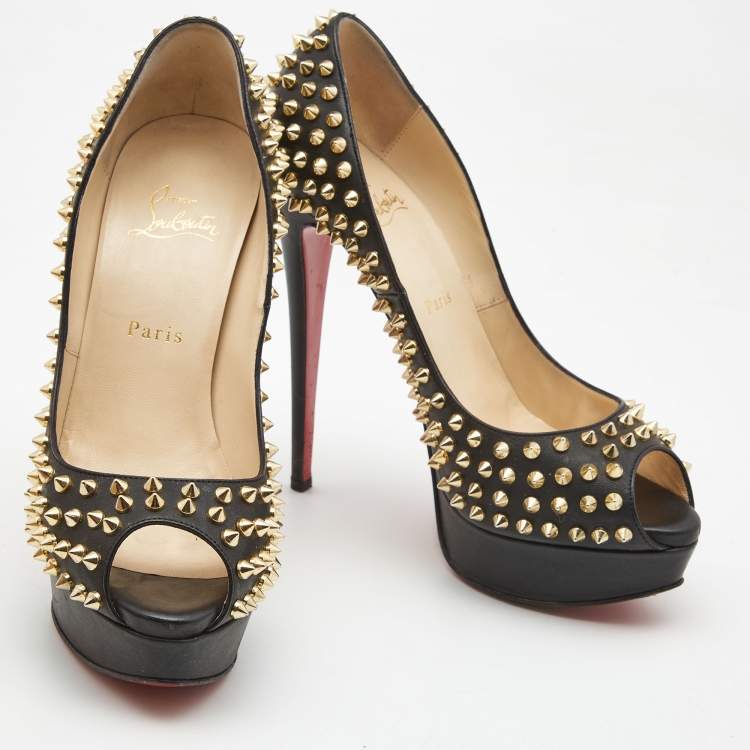 Pre Owned Christian Louboutin Black Leather Lady Peep Spike Pumps Size 40