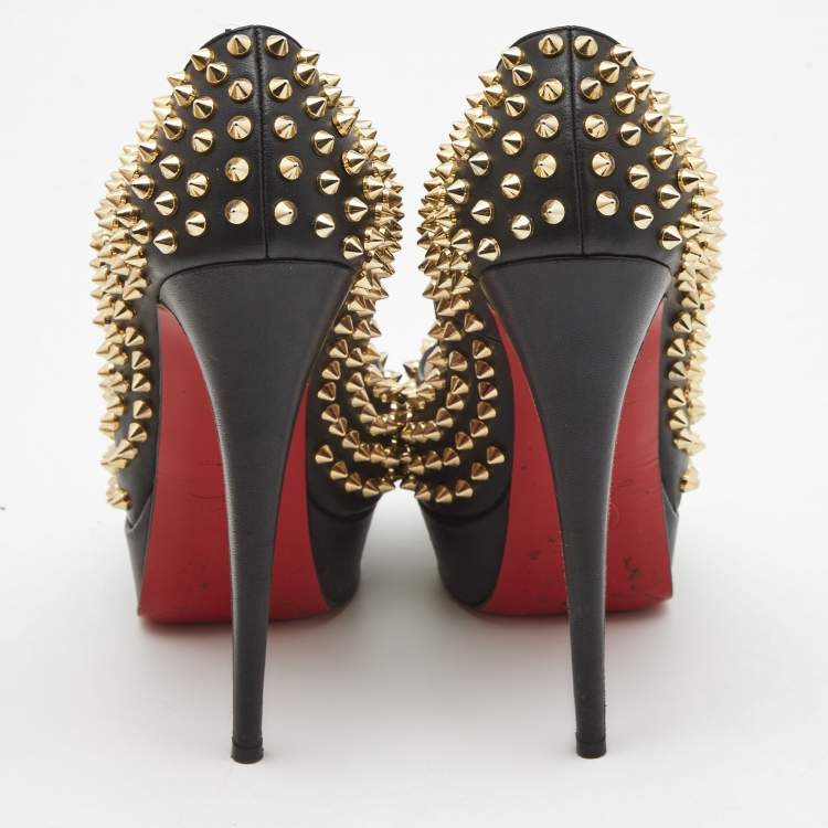 Pre Owned Christian Louboutin Black Leather Lady Peep Spike Pumps Size 40