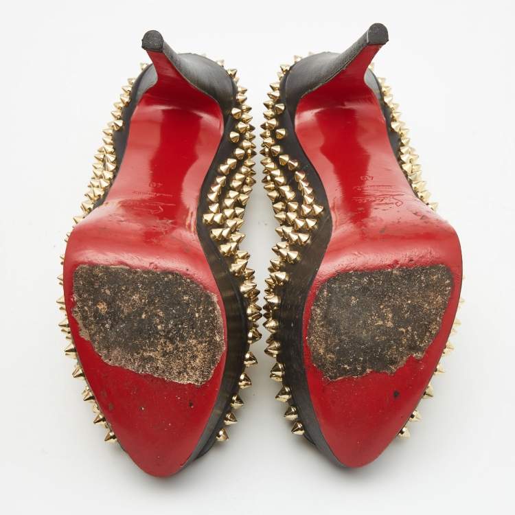 Pre Owned Christian Louboutin Black Leather Lady Peep Spike Pumps Size 40