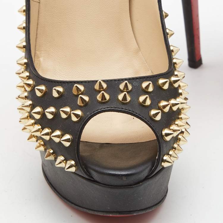 Pre Owned Christian Louboutin Black Leather Lady Peep Spike Pumps Size 40