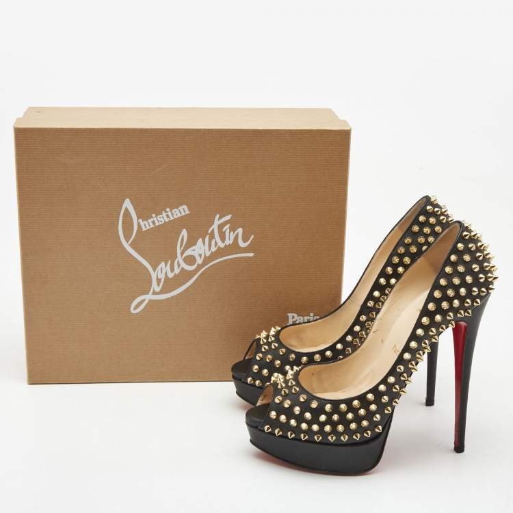 Pre Owned Christian Louboutin Black Leather Lady Peep Spike Pumps Size 40