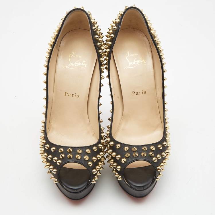 Pre Owned Christian Louboutin Black Leather Lady Peep Spike Pumps Size 40