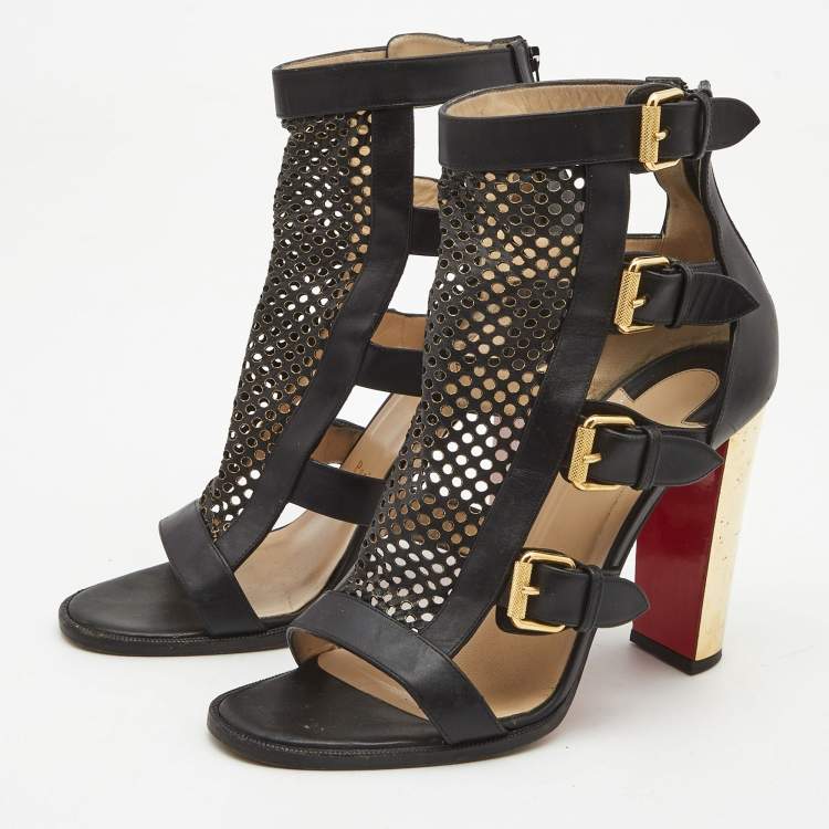 Pre Owned Christian Louboutin Black Perforated Leather Fencing Strappy Sandals Size 39.5