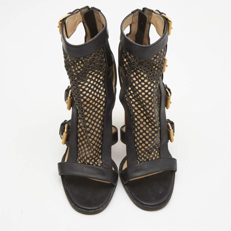 Pre Owned Christian Louboutin Black Perforated Leather Fencing Strappy Sandals Size 39.5