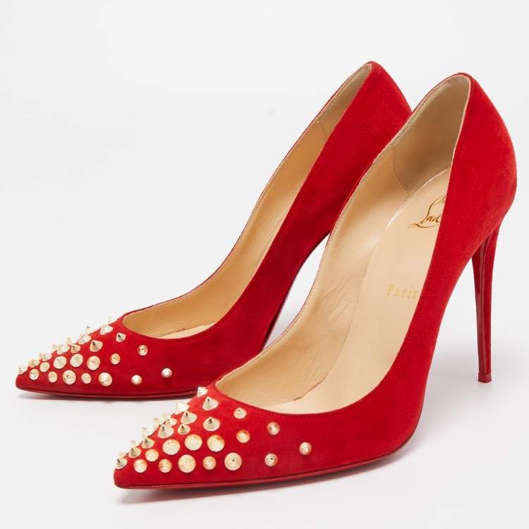 Pre Owned Christian Louboutin Red Suede Spikyshell Pumps Size 40