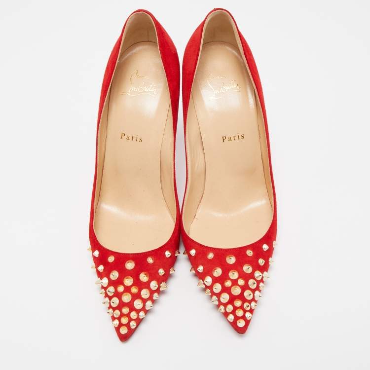 Pre Owned Christian Louboutin Red Suede Spikyshell Pumps Size 40