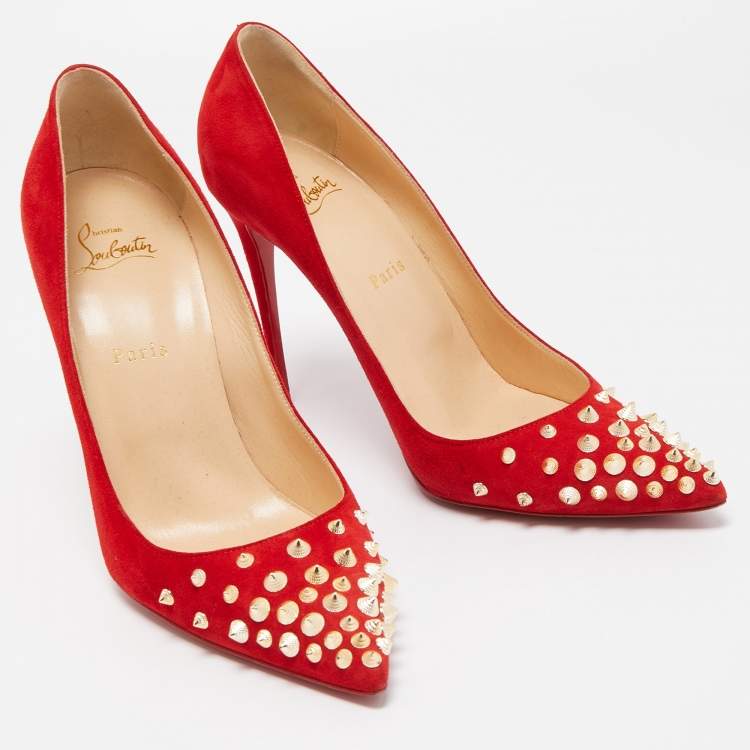 Pre Owned Christian Louboutin Red Suede Spikyshell Pumps Size 40
