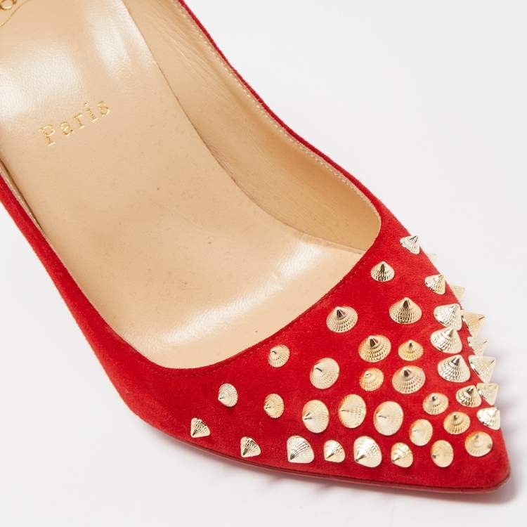 Pre Owned Christian Louboutin Red Suede Spikyshell Pumps Size 40
