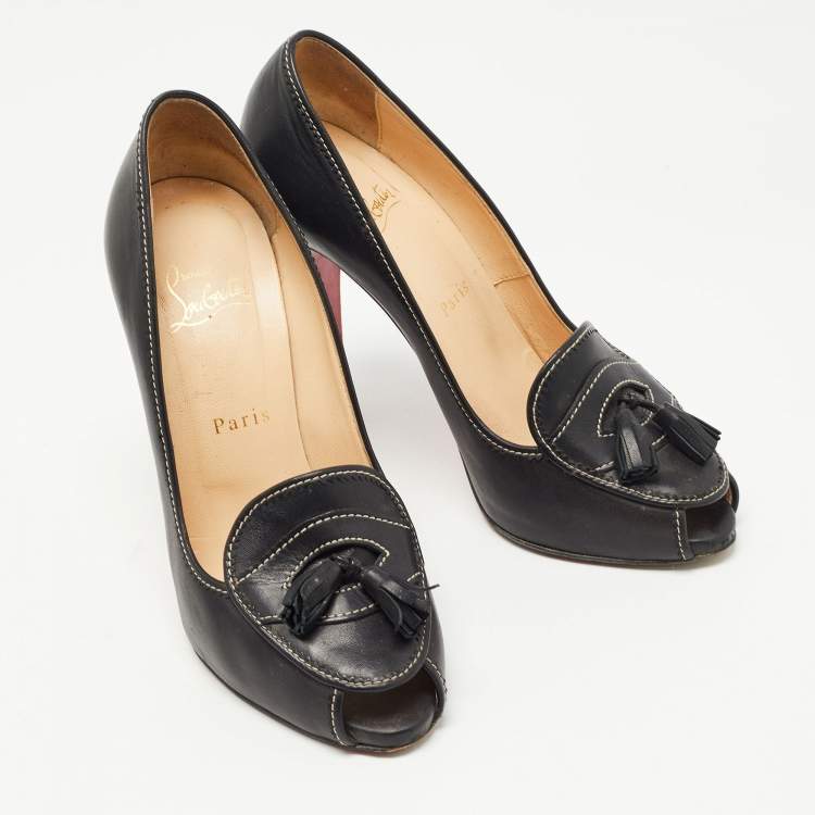 Pre Owned Christian Louboutin Black Leather Campus  Peep Toe Pumps Size 38.5