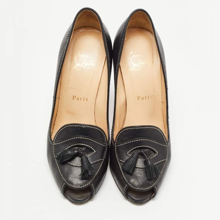 Pre Owned Christian Louboutin Black Leather Campus  Peep Toe Pumps Size 38.5