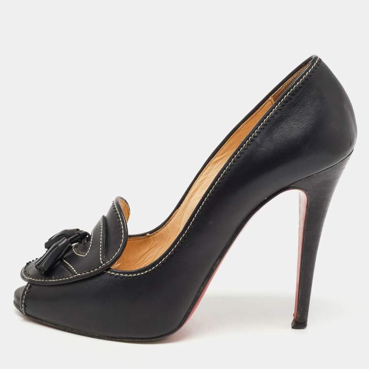 Pre Owned Christian Louboutin Black Leather Campus  Peep Toe Pumps Size 38.5