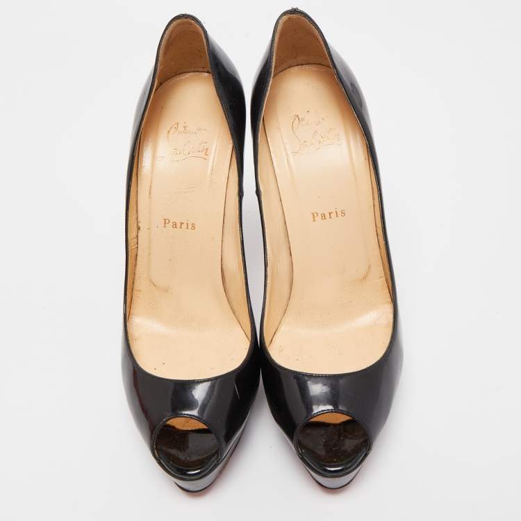 Pre Owned Christian Louboutin Black Patent Leather Lady Peep Pumps Size 40.5
