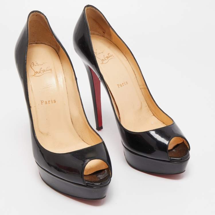 Pre Owned Christian Louboutin Black Patent Leather Lady Peep Pumps Size 40.5