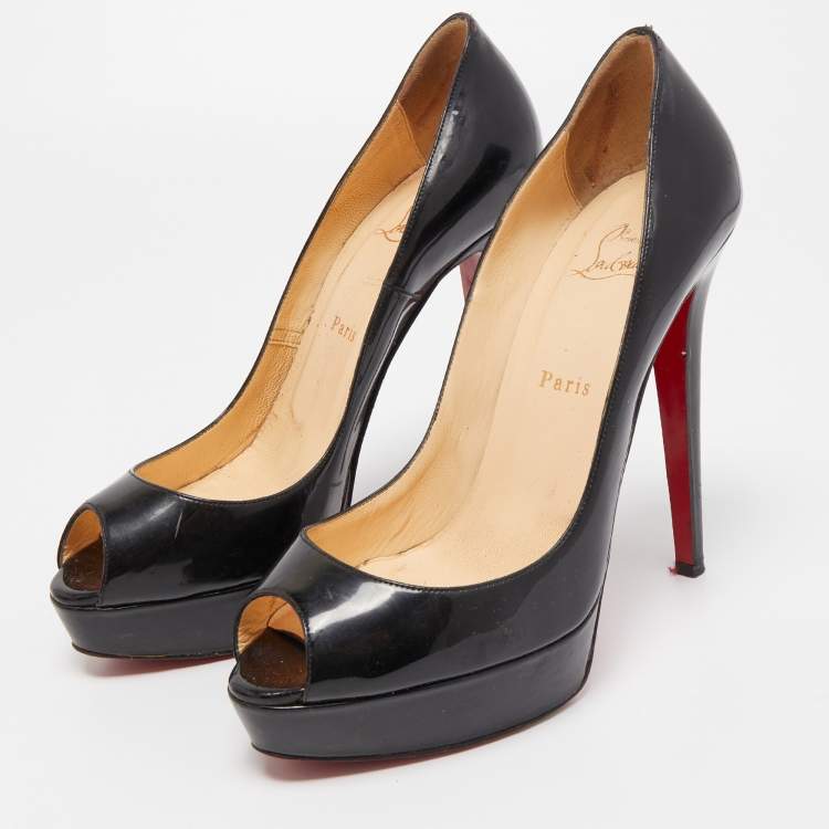 Pre Owned Christian Louboutin Black Patent Leather Lady Peep Pumps Size 40.5