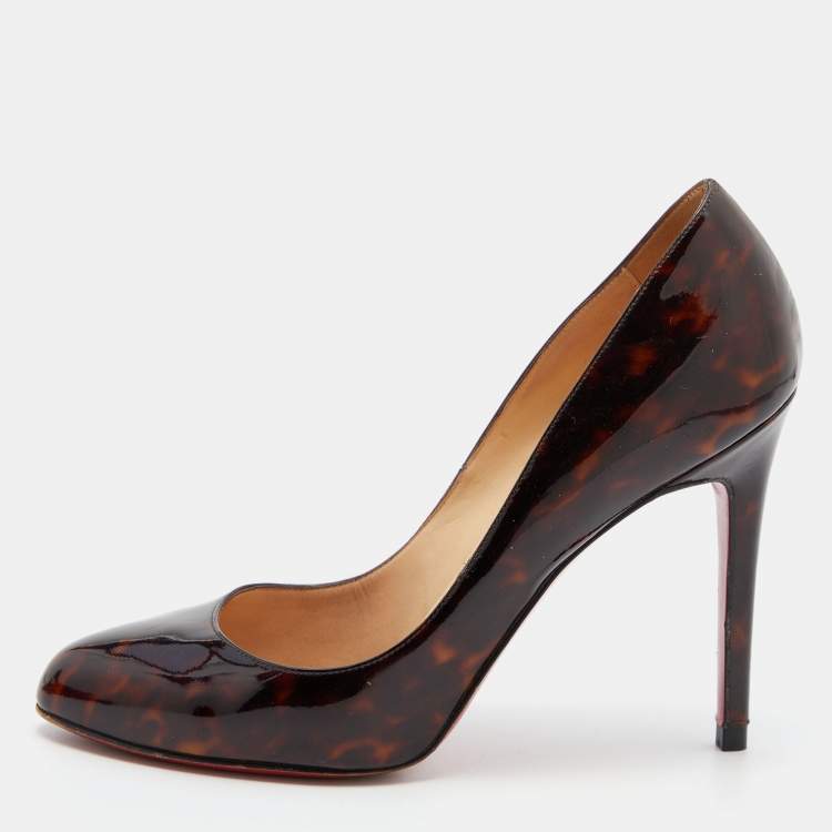 Pre Owned Christian Louboutin Brown Leopard Print Patent Leather Simple Round Toe Pumps Size 39