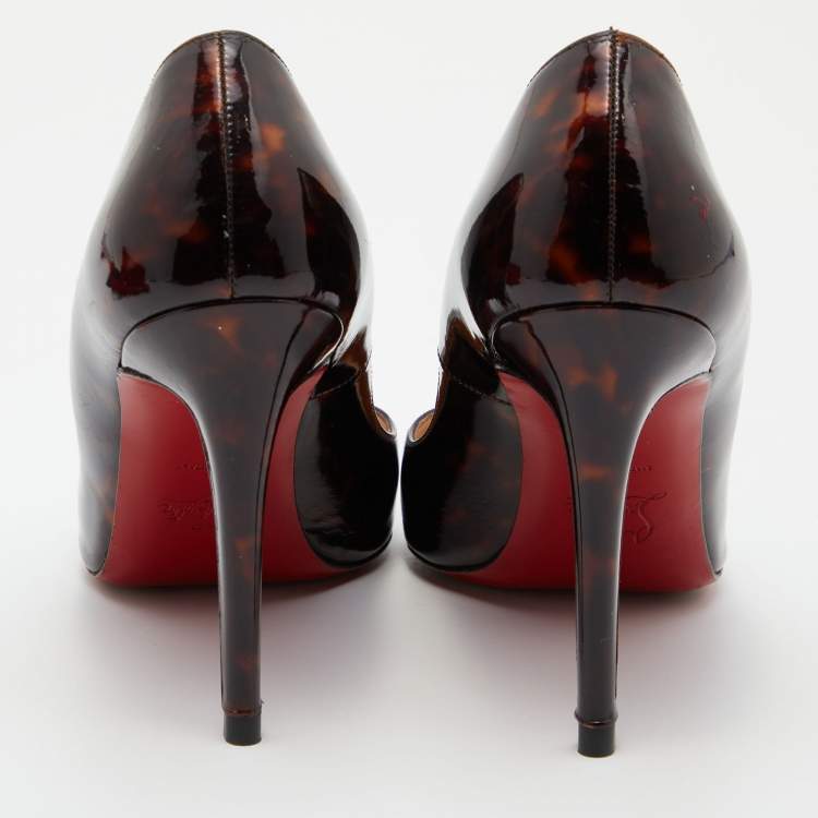 Pre Owned Christian Louboutin Brown Leopard Print Patent Leather Simple Round Toe Pumps Size 39